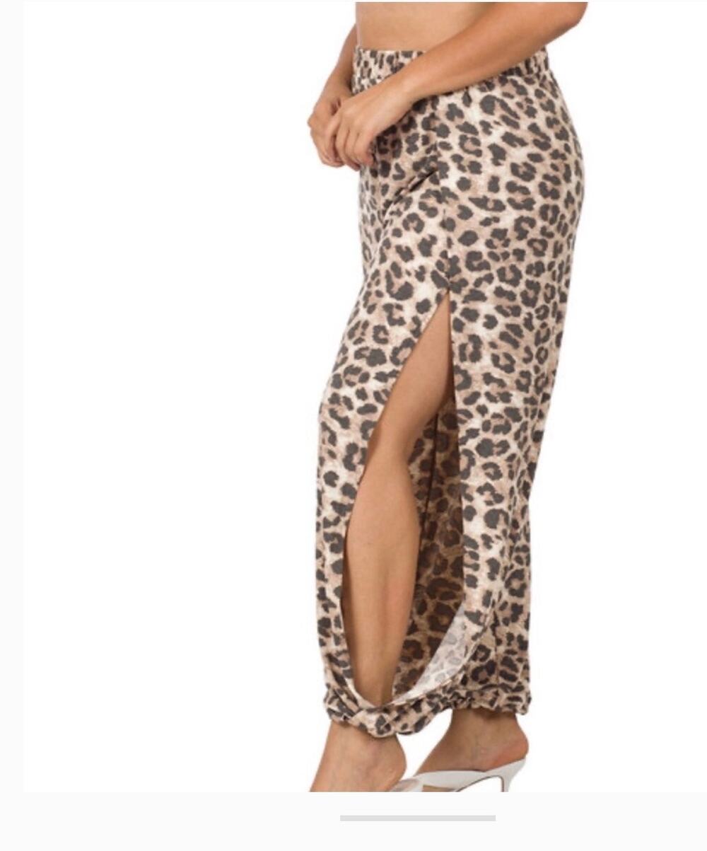 Zenana Leopard Print Side Slit Maxi Pants